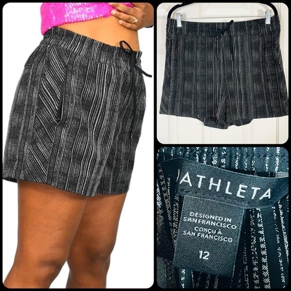 ATHLETA Arrival Shorts Black Ampara Stripe Elastic Waist Shorts - Size 12 - Picture 1 of 8